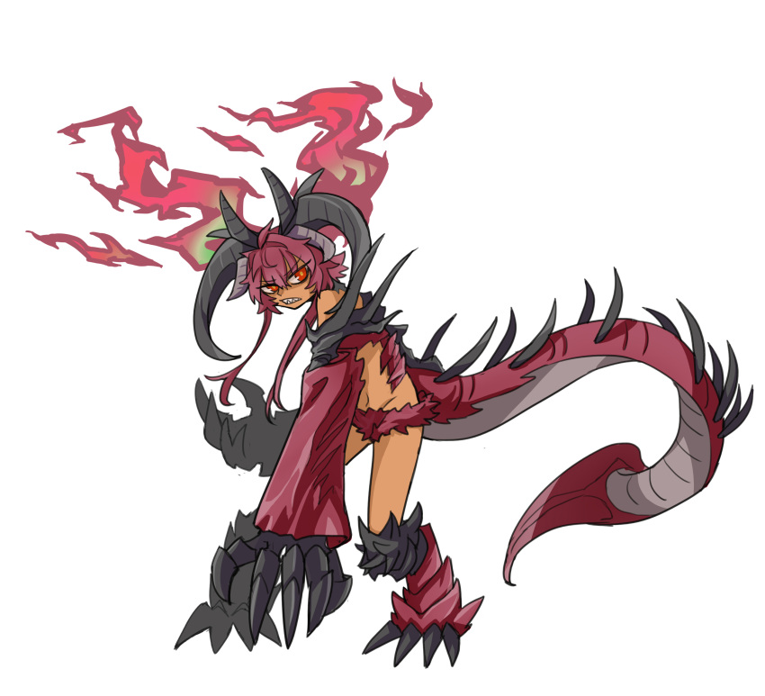 1girl animal_feet animal_hands bandersnatch_(black_souls) black_souls claws clenched_teeth dragon_girl dragon_horns dragon_tail fiery_hair full_body highres horns looking_at_viewer multiple_horns navel rabbit_king red_eyes red_hair sharp_teeth short_hair short_hair_with_long_locks simple_background solo tail teeth twintails white_background