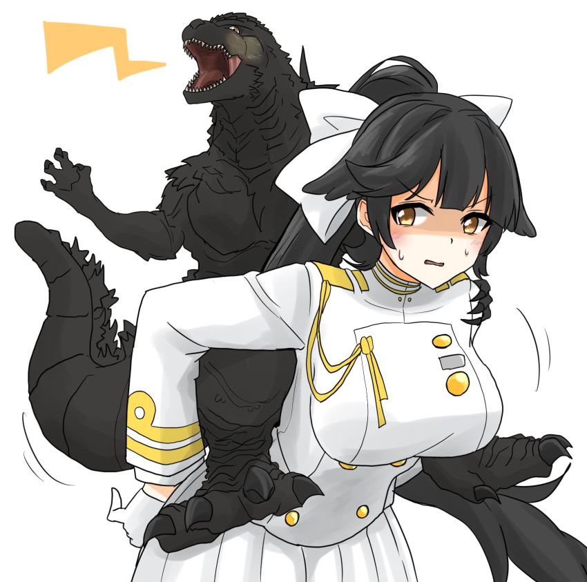 aiguillette azur_lane black_hair bow copyright_request criss-cross_halter extra_ears godzilla godzilla_(minus_one) hair_bow hair_ears hair_flaps halterneck highres ibuki_(tulta_icon) looking_back military_uniform official_alternate_costume orange_eyes ponytail ribbon riding roaring simple_background sweat takao_(azur_lane) uniform white_background white_bow white_ribbon