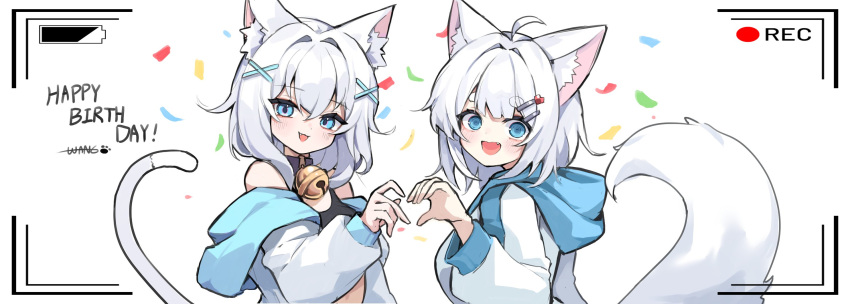 animal_ears blue_eyes finger_heart highres jacket looking_at_viewer medium_hair multiple_hairpins original tail wang0424 white_hair white_jacket