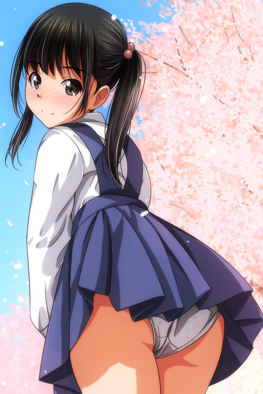 1girl absurdres ass black_hair blue_skirt blue_sky blunt_bangs blush brown_eyes cherry_blossoms clear_sky closed_eyes closed_mouth collared_shirt day from_behind full-face_blush highres long_sleeves looking_at_viewer looking_back matsunaga_kouyou medium_hair original outdoors panties polka_dot polka_dot_panties shirt skirt sky smile solo standing suspender_skirt suspenders twintails underwear upskirt white_panties white_shirt