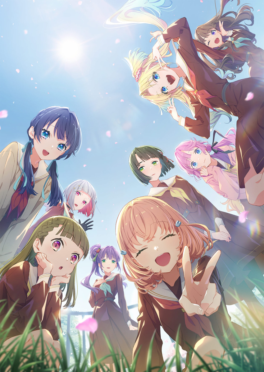 6+girls :d :o ;d ^_^ anyoji_hime aqua_neckerchief black_choker black_gloves blonde_hair blue_eyes blue_hair blue_ribbon blue_sky blunt_bangs braid brown_cardigan brown_dress brown_hair cardigan choker closed_eyes colored_inner_hair crossed_bangs dark_blue_hair double_v dress everyone facing_viewer falling_petals foreshortening fujishima_megumi gloves gradient_hair green_eyes grey_hair hair_ornament hair_ribbon hand_on_own_chest hand_up hands_on_own_cheeks hands_on_own_face hasu_no_sora_school_uniform highres hinoshita_kaho jacket kachimachi_kosuzu leaning_forward link!_like!_love_live! long_hair long_sleeves looking_at_viewer love_live! low_twintails medium_dress medium_hair momose_ginko multicolored_hair multiple_girls murano_sayaka neckerchief official_art one_eye_closed open_cardigan open_clothes open_jacket open_mouth orange_hair osawa_rurino otomune_kozue parted_bangs petals pink_eyes pink_hair pink_jacket pleated_dress ponytail purple_eyes purple_hair rabbit_hair_ornament red_hair red_neckerchief ribbon sailor_collar sailor_dress school_uniform short_hair side_braid side_ponytail sky smile squatting star_(symbol) star_hair_ornament streaked_hair sun twintails two_side_up v v_arms waving white_sailor_collar winter_uniform yellow_neckerchief yugiri_tsuzuri