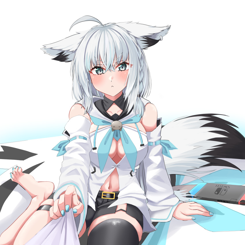 1girl :&lt; absurdres ahoge animal_ear_fluff animal_ears black_shorts black_thighhighs blue_nails blue_neckerchief blush braid breasts detached_sleeves earrings ears_down fox_ears fox_girl fox_tail green_eyes hair_between_eyes highres holding holding_clothes holding_shirt hololive hood hoodie jewelry long_hair looking_at_viewer medium_breasts midriff mmneko navel neckerchief nintendo_switch shirakami_fubuki shirakami_fubuki_(1st_costume) shirt short_shorts shorts sidelocks single_braid single_thighhigh sitting solo tail thigh_strap thighhighs v-shaped_eyebrows virtual_youtuber wariza white_hair white_hoodie