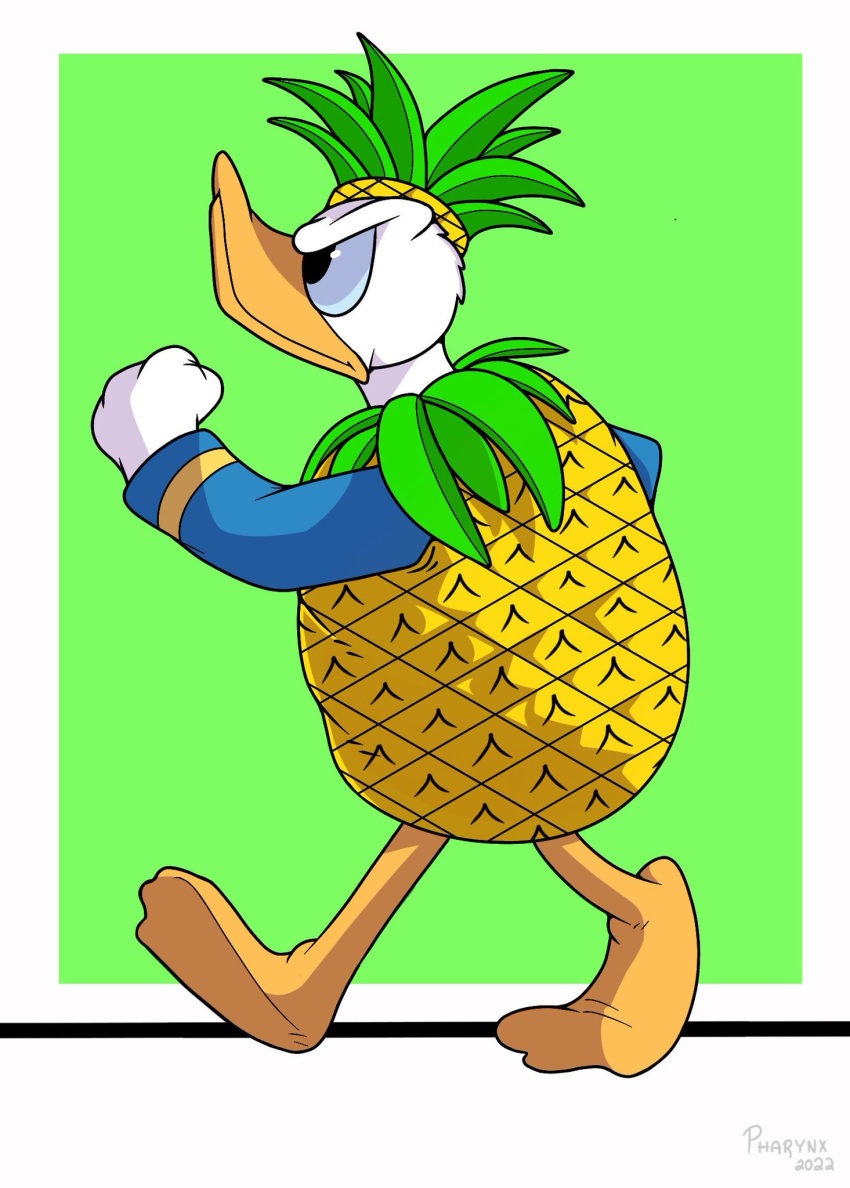 anatid anseriform anthro avian bird clothing costume disney donald_duck duck food food_costume fruit fruit_costume hi_res kigtoons male pharynx pineapple pineapple_costume plant solo