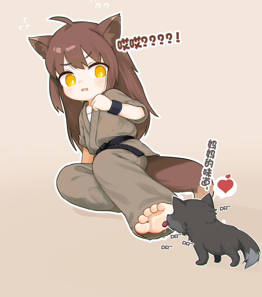 1girl absurdres ahoge animal_ears barefoot belt black_belt black_fur bright_pupils brown_hair chinese_text commentary_request dougi feet flying_sweatdrops fox_ears fox_girl grey_pants heart highres kuma-bound licking licking_foot long_hair martial_arts_belt open_mouth original pants saliva soles tail toes translation_request v-shaped_eyebrows white_pupils wolf yellow_eyes