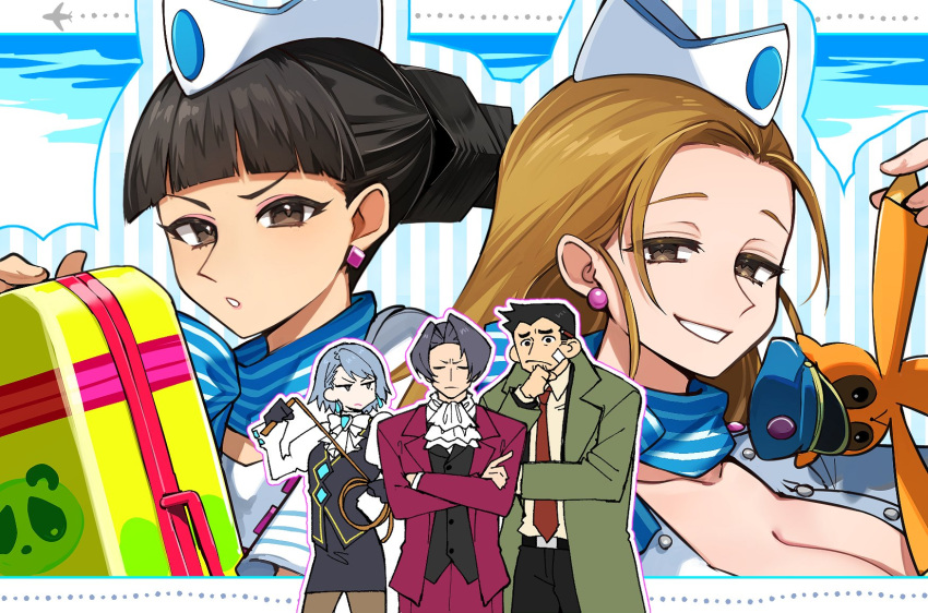 2boys 3girls ace_attorney ace_attorney_investigations aircraft airplane ascot asymmetrical_hair bandaid beard_stubble belt belt_buckle black_belt black_eyes black_pants black_skirt black_vest blue_brooch blue_scarf blunt_bangs bow bowtie breasts brown_eyes brown_hair buckle cammy_meele cleavage closed_eyes commentary crossed_arms curtained_hair diamond_earrings dick_gumshoe earrings facial_hair flight_attendant franziska_von_karma frown furrowed_brow green_jacket grey_hair grin hair_bun half-closed_eyes hand_on_own_chin hat highres holding holding_suitcase holding_whip jacket jewelry juliet_sleeves katsuobushi_(eba_games) large_breasts lipstick long_hair long_sleeves looking_at_viewer makeup medium_hair miles_edgeworth mole mole_under_eye multiple_boys multiple_girls necktie open_clothes open_jacket pants pantyhose parted_lips pencil_behind_ear pencil_skirt puffy_sleeves red_jacket red_necktie red_pants rhoda_teneiro scarf shirt short_hair short_sleeves simple_background single_hair_bun skirt slow_loris smile smug sphere_earrings striped_clothes striped_scarf stroking_own_chin stubble stuffed_toy suitcase symbol-only_commentary teardrop_earrings thinking travel_attendant unbuttoned unbuttoned_shirt uniform vest white_ascot white_bow white_bowtie white_shirt