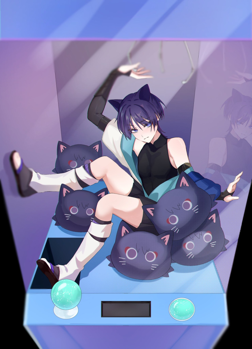 1boy androgynous animal_ears arm_up bare_shoulders black_shirt black_shorts blue_eyes blush cat_boy cat_ears chobonu closed_mouth elbow_gloves eyelashes fingerless_gloves full_body genshin_impact gloves hair_between_eyes highres in_crane_game japanese_clothes legs male_focus off_shoulder purple_hair scaramouche_(genshin_impact) shirt short_hair short_shorts shorts sidelocks sitting sleeveless solo stuffed_animal stuffed_cat stuffed_toy thighs toeless_footwear wanderer_(genshin_impact)