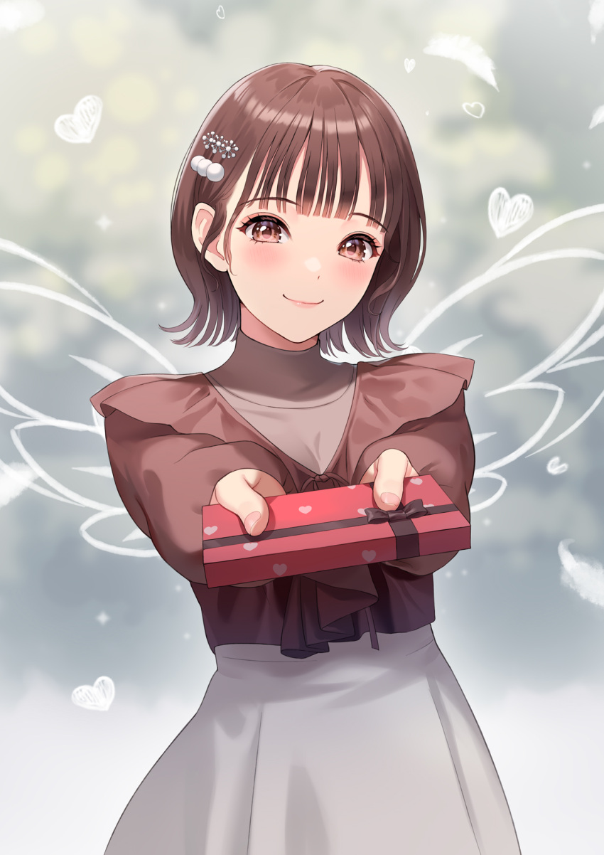 1girl blurry blurry_background blush box brown_eyes drawn_wings gift gift_box hair_ornament hairclip heart highres holding holding_box iwami_manaka long_sleeves looking_at_viewer minato_asuka real_life short_hair skirt smile solo valentine voice_actor