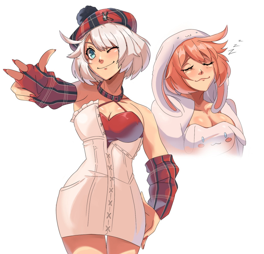 1girl ahoge alternate_costume beret blue_eyes blush breasts cinnamoroll cleavage dress elphelt_valentine guilty_gear guilty_gear_strive guilty_gear_xrd hat highres huge_ahoge large_breasts looking_at_viewer multiple_views nateflotas pink_hair plaid_headwear red_dress red_hat red_nails sanrio short_hair smile two-tone_dress upper_body white_dress white_hair zzz