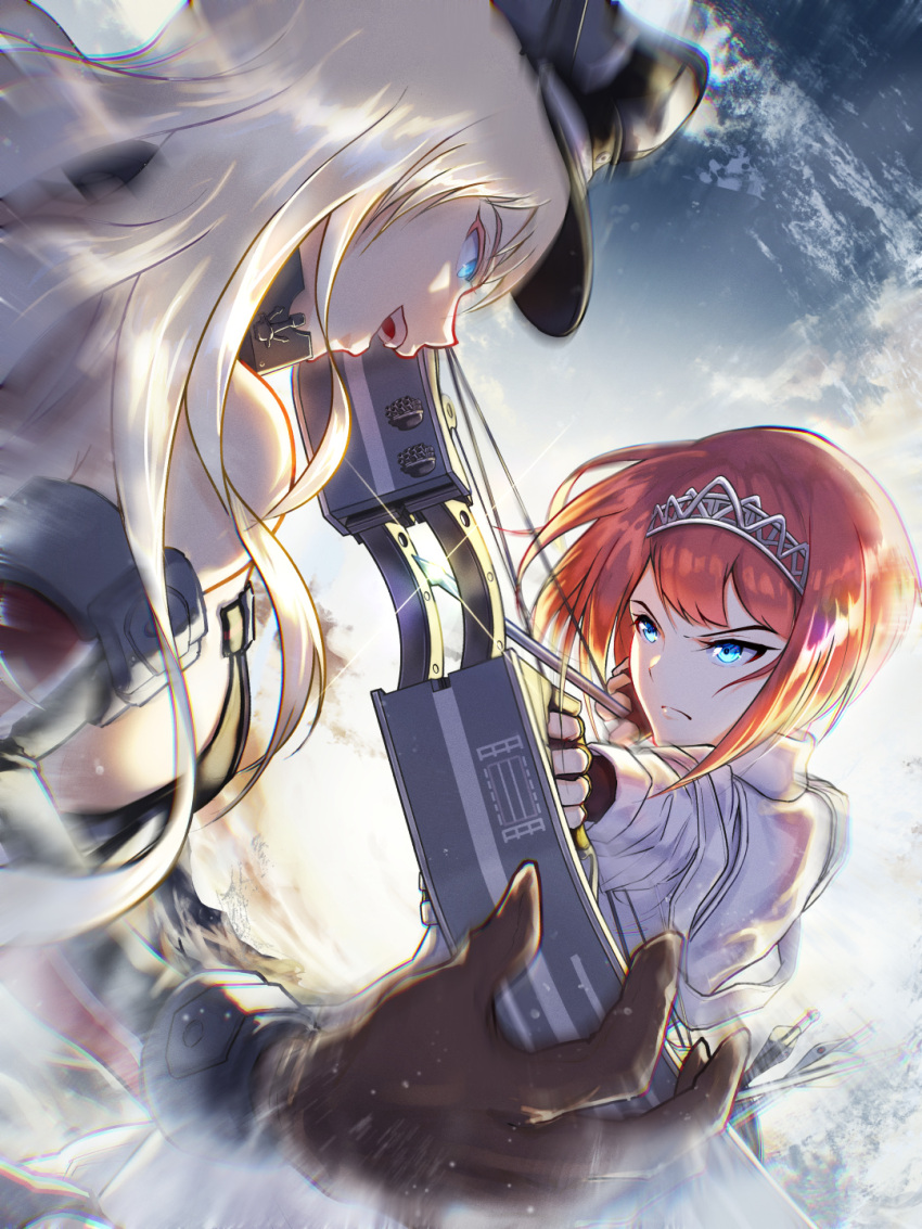 2girls anchor angry ark_royal_(kancolle) arrow_(projectile) bismarck_(kancolle) blonde_hair blue_eyes blurry bob_cut bow_(weapon) breasts brown_gloves closed_mouth compound_bow corset detached_sleeves evil_eyes fighting fighting_stance fingerless_gloves gesugao glint gloves hat highres holding holding_bow_(weapon) holding_weapon isasin929 kantai_collection long_hair looking_at_another looking_to_the_side medium_breasts military military_hat military_uniform multiple_girls open_mouth outdoors peaked_cap quiver ready_to_draw red_hair short_hair sideboob sneer teeth tiara translation_request uniform upper_body upper_teeth_only wavy_hair weapon white_corset