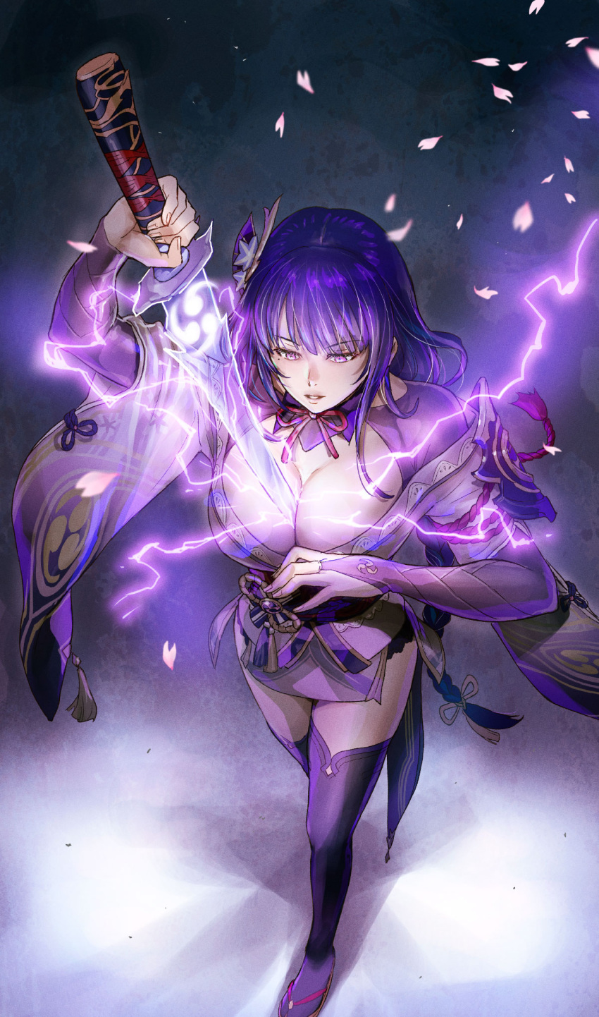 1girl azasuke breasts bridal_gauntlets cleavage electricity falling_petals full_body genshin_impact highres human_scabbard japanese_clothes kimono large_breasts long_hair low-braided_long_hair low-tied_long_hair obi petals purple_eyes purple_kimono purple_nails raiden_shogun sash simple_background standing tomoe_(symbol) walking