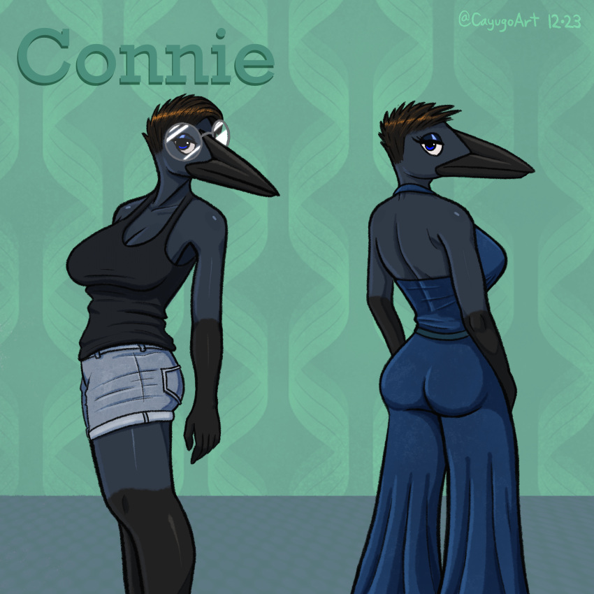 1:1 2023 anthro avian beak big_breasts bird black_body black_clothing black_eyeshadow black_hair black_shirt black_tank_top black_topwear blue_clothing blue_dress blue_eyes bottomwear breasts butt cayugo clothed clothing connie_(cayugo) corvid corvus_(genus) crow denim denim_bottomwear denim_clothing digital_media_(artwork) dress eyelashes eyeshadow eyewear female glasses hair hi_res looking_at_viewer makeup non-mammal_breasts oscine passerine rear_view round_glasses shirt shorts side_view signature simple_background solo tank_top topwear