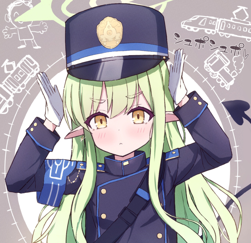 1girl :&lt; armband arms_up black_hat black_jacket black_tail blue_archive blue_armband buttoned_cuffs closed_mouth commentary_request doodle_sensei_(blue_archive) earrings glint green_hair green_halo grey_background halo hat heart highres hikari_(blue_archive) jacket jewelry long_hair long_sleeves looking_at_viewer peaked_cap pointy_ears sensei_(blue_archive) sidelocks solo sound_effects strap tail upper_body yashiro_hachi yellow_eyes