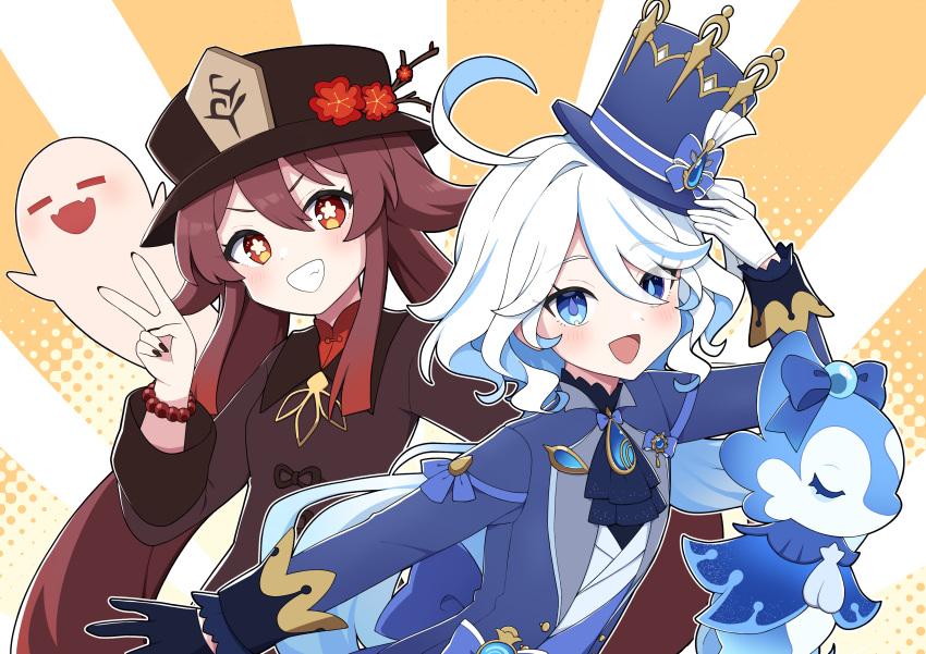 2girls :d absurdres ascot asymmetrical_gloves black_gloves black_hat blue_eyes blue_hat blue_jacket blush boo_tao_(genshin_impact) brown_hair brown_shirt creature furina_(genshin_impact) genshin_impact ghost gloves grin hand_up hat highres hu_tao_(genshin_impact) jacket long_hair long_sleeves looking_at_viewer mismatched_gloves miz_(mizillustration) multiple_girls orange_eyes porkpie_hat purple_ascot shirt smile upper_body v wavy_hair white_gloves white_hair