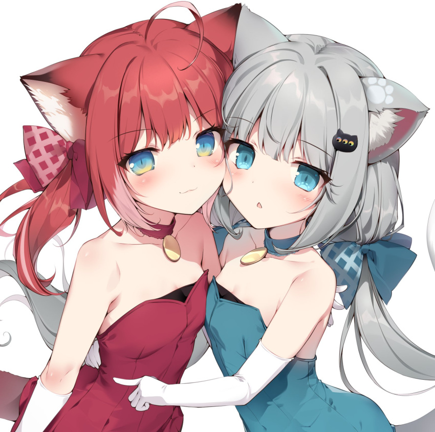 akami_karubi animal_ears blue_eyes breasts cat_ears closed_mouth dress elbow_gloves gloves green_dress grey_hair hair_between_eyes highres indie_virtual_youtuber jewelry karory long_hair nachoneko necklace open_mouth red_dress red_hair small_breasts smile virtual_youtuber white_background white_gloves