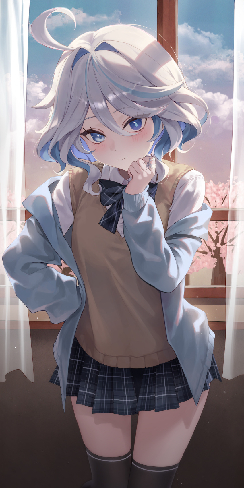 1girl absurdres ahoge alternate_costume black_skirt black_thighhighs blue_eyes blue_hair bow bowtie closed_mouth drop-shaped_pupils furina_(genshin_impact) genshin_impact hair_between_eyes hand_on_own_hip hand_up highres jacket long_sleeves looking_at_viewer mismatched_pupils multicolored_hair off_shoulder open_clothes open_jacket school_uniform shirt short_hair skirt solo standing streaked_hair symbol-shaped_pupils thighhighs two-tone_hair white_hair white_shirt yeorem zettai_ryouiki