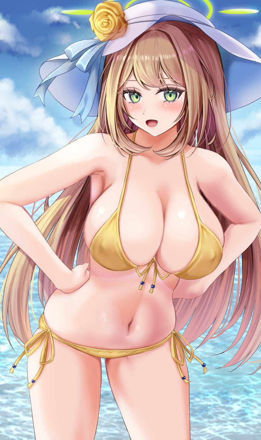 1girl :d armpit_peek bikini blue_archive blue_sky blush breasts brown_hair cleavage cloud commentary cowboy_shot day flower fukuda_shuushi green_eyes hands_on_hips hat hat_flower hat_ribbon highres horizon large_breasts long_hair navel nonomi_(blue_archive) ocean open_mouth outdoors ribbon side-tie_bikini_bottom sky smile solo standing stomach sun_hat swimsuit very_long_hair yellow_bikini