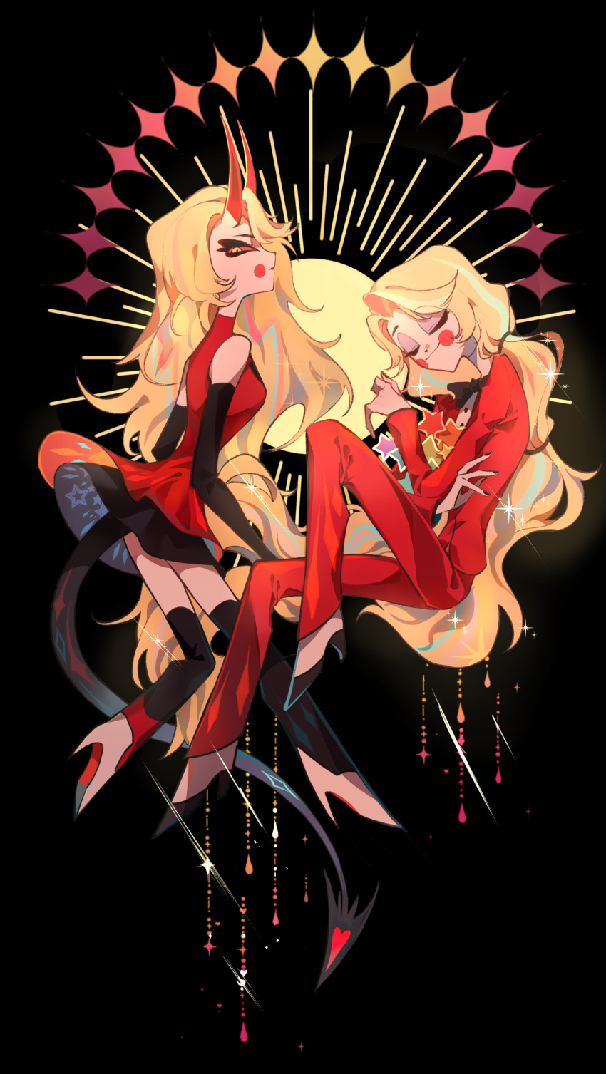 1girl 20160825 absurdres blonde_hair charlie_morningstar demon_girl dress hazbin_hotel high_heels highres long_hair looking_at_viewer open_clothes red_dress slit_pupils suit very_long_hair