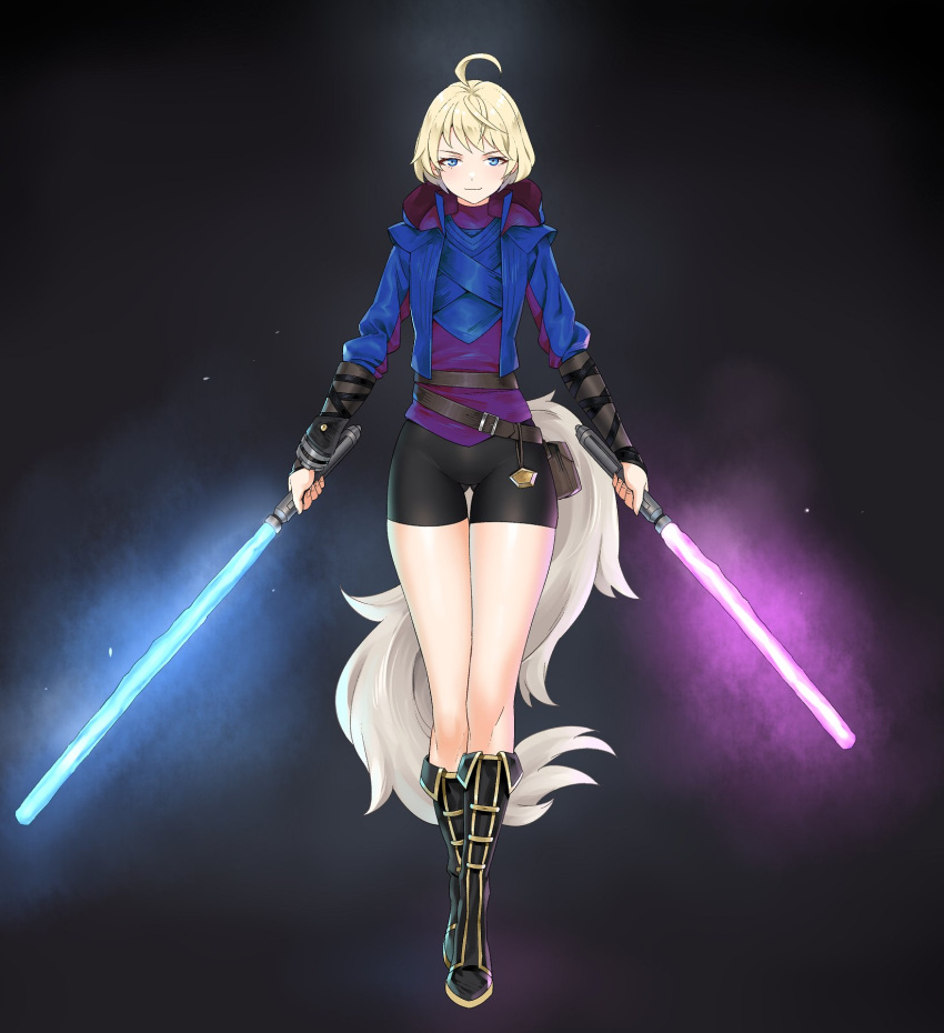 1girl ahoge ass_visible_through_thighs belt bike_shorts black_background black_footwear black_shorts blonde_hair blue_eyes blue_lightsaber boots energy_sword fake_tail fire_emblem fire_emblem_engage glowing glowing_weapon highres holding holding_lightsaber holding_weapon hood hood_down hooded_jacket igni_tion jacket lightsaber long_sleeves looking_at_viewer merrin_(fire_emblem) purple_lightsaber purple_shirt shirt short_hair shorts smile solo star_wars sword tail weapon wolf_tail