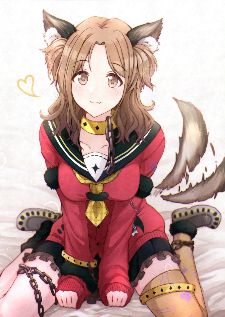 absurdres animal_collar animal_ear_fluff animal_ears asymmetrical_legwear black_sailor_collar black_skirt black_socks bone_print breasts brown_eyes brown_hair cardigan chain chain_leash collar fang frilled_skirt frills grey_footwear highres ichikawa_hinana idolmaster idolmaster_shiny_colors kusaka_io large_breasts leash long_hair looking_at_viewer miniskirt mismatched_legwear neckerchief pleated_skirt red_cardigan sailor_collar school_uniform serafuku single_sock single_thighhigh sitting skin_fang skirt socks tail tail_wagging thighhighs uneven_legwear wariza wolf_ears wolf_tail yellow_neckerchief yellow_thighhighs