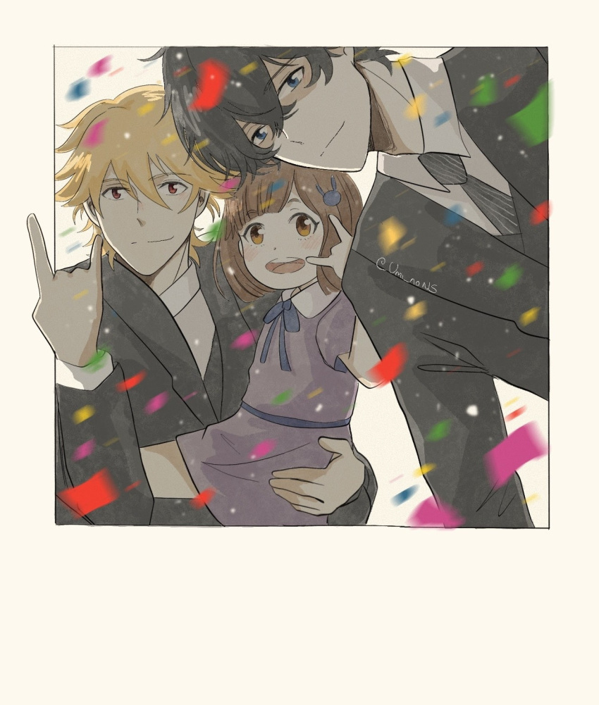 1girl 2boys :d \m/ artist_name black_hair black_necktie black_suit blonde_hair brown_eyes brown_hair buddy_daddies carrying carrying_person commentary confetti family hair_between_eyes highres kurusu_kazuki multiple_boys necktie short_hair smile striped_necktie suit suwa_rei symbol-only_commentary twitter_username uminoyurei unasaka_miri