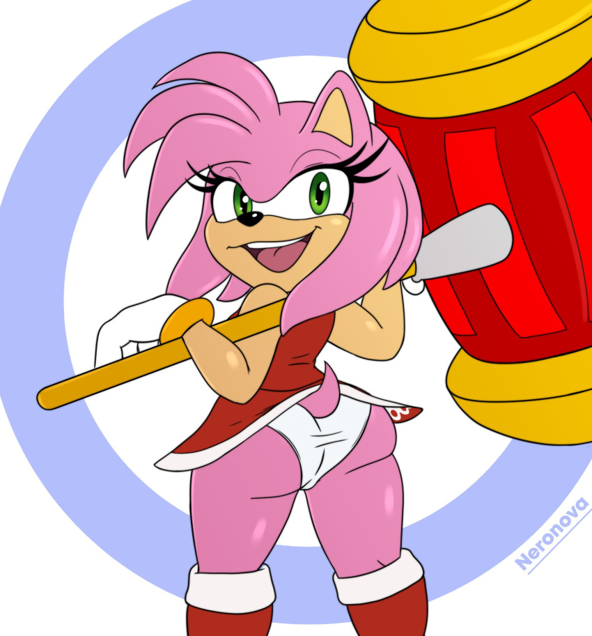 amy_rose anthro big_butt boots bracelet butt clothing dress eulipotyphlan female footwear fur gloves green_eyes hammer handwear hedgehog hi_res jewelry looking_at_viewer looking_back mammal neronova panties pink_body pink_fur sega smile smiling_at_viewer solo sonic_the_hedgehog_(series) tail tools underwear