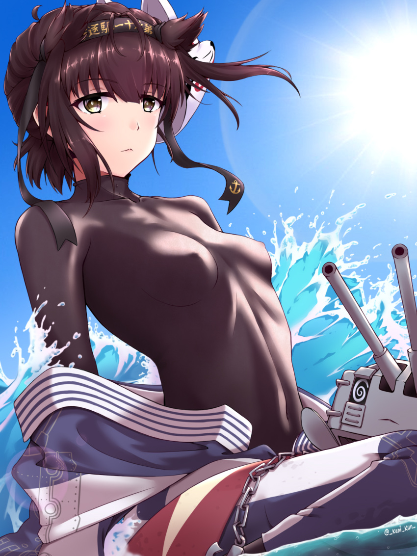 1girl :&lt; blush bodysuit breasts brown_hair covered_navel covered_nipples fox_mask hachimaki hair_between_eyes hatsuzuki_(kancolle) headband highres japanese_clothes kantai_collection kimono kuni-kun lens_flare looking_at_viewer mask medium_breasts short_hair short_ponytail skin_tight solo twitter_username waves yukata