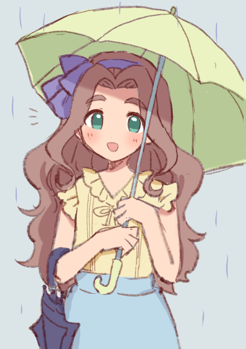 1girl absurdres black_umbrella blue_ribbon blue_skirt brown_hair closed_umbrella green_eyes green_umbrella hair_ribbon highres holding holding_umbrella idolmaster kahiika kusakabe_wakaba long_hair outdoors rain ribbon shirt sketch skirt solo umbrella very_long_hair wavy_hair yellow_shirt