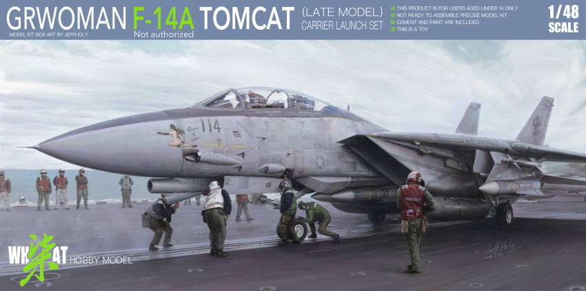 6+boys aim-54_phoenix aim-7_sparrow aim-9_sidewinder aircraft airplane box_art cloud cloudy_sky f-14_tomcat fighter_jet flight_deck glass_cockpit great_wall_hobby helmet high-visibility_vest highres jeffholy jet making-of_available military_vehicle model_kit multiple_boys nose_art pilot sky vehicle_focus wheel