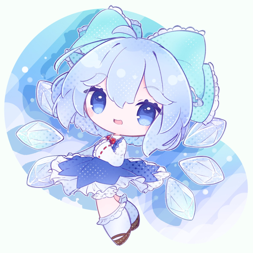 1girl absurdres blue_bow blue_dress blue_eyes blue_hair bow chibi cirno detached_wings dress fairy fairy_wings hair_bow highres ice ice_wings inukkomaru open_mouth pinafore_dress short_hair skirt sleeveless sleeveless_dress solo touhou white_background wings