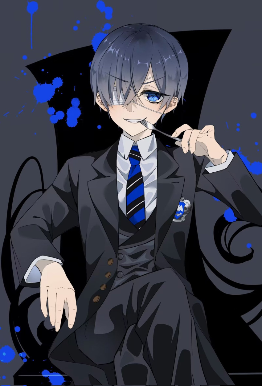 1boy badge bishounen black_jacket black_pants blue_eyes blue_hair blue_necktie buttons ciel_phantomhive collared_shirt crossed_legs dark_blue_hair fork grey_background hair_between_eyes hair_over_one_eye highres holding holding_fork jacket kuroshitsuji kuroshitsuji:_kishuku_gakkou-hen leslielll3 looking_at_viewer male_focus necktie paint_splatter pants shirt short_hair sitting smile smirk solo teeth utensil_in_mouth white_shirt