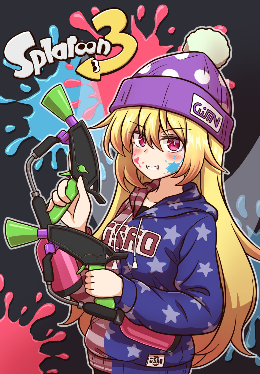 1girl adapted_costume american_flag_shirt blonde_hair breasts clownpiece fairy fairy_wings hat highres long_hair pink_eyes polka_dot shitacemayo small_breasts solo splatoon_(series) splatoon_3 touhou very_long_hair wings