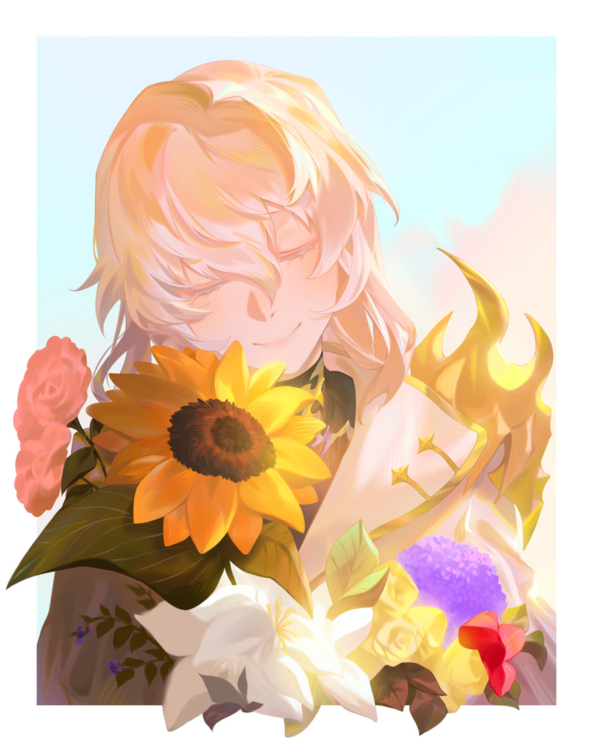 1boy androgynous armor bishounen blue_sky border bouquet closed_eyes cloud day facing_viewer final_fantasy final_fantasy_xiv flower highres holding holding_bouquet leaf male_focus medium_hair nokto outdoors outside_border pauldrons red_flower red_rose rose shoulder_armor single_pauldron sky smile solo sunflower themis_(ff14) upper_body white_border white_flower white_hair yellow_flower yellow_rose