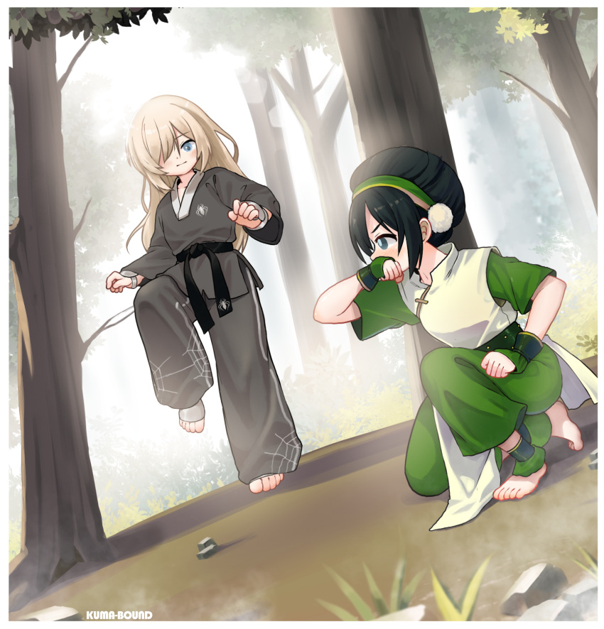 2girls avatar:_the_last_airbender avatar_legends barefoot belt black_belt black_hair black_pants blind blonde_hair blue_eyes border chinese_commentary closed_mouth commentary_request dougi forest green_hairband green_pants hair_over_one_eye hairband highres kuma-bound long_hair martial_arts_belt medium_hair multiple_girls nature original outdoors pants standing standing_on_one_leg toph_bei_fong tree white_border