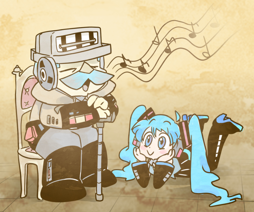 1boy 1girl :&gt; aqua_eyes aqua_hair boots brown_background chair closed_eyes commentary detached_sleeves eighth_note english_commentary facial_hair full_body hands_on_own_cheeks hands_on_own_face hatsune_miku head_rest ibm ibm_7094 long_hair looking_at_another lying music musical_note mustache on_stomach singing sitting skirt smile staff_(music) tape thegreatrouge thigh_boots twintails very_long_hair vocaloid