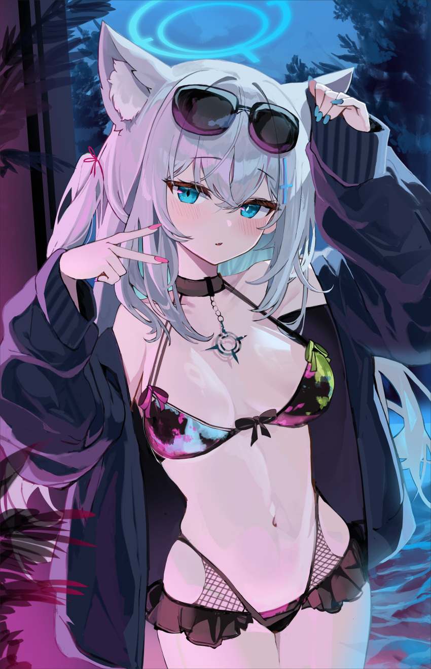 1girl absurdres alternate_costume animal_ear_fluff animal_ears bare_shoulders bikini black_bikini black_choker black_jacket blue_archive blue_eyes blue_nails blush breasts choker cowboy_shot extra_ears eyewear_on_head fishnets frilled_bikini frills hair_between_eyes halo hand_up highres jacket jewelry kabedoru light_smile long_hair long_sleeves looking_at_viewer medium_breasts multicolored_clothes multicolored_swimsuit nail_polish navel off_shoulder official_alternate_costume open_clothes open_jacket open_mouth outdoors paint_splatter pink_nails punk shiroko_(blue_archive) smile solo stomach sunglasses swimsuit very_long_hair wolf_ears