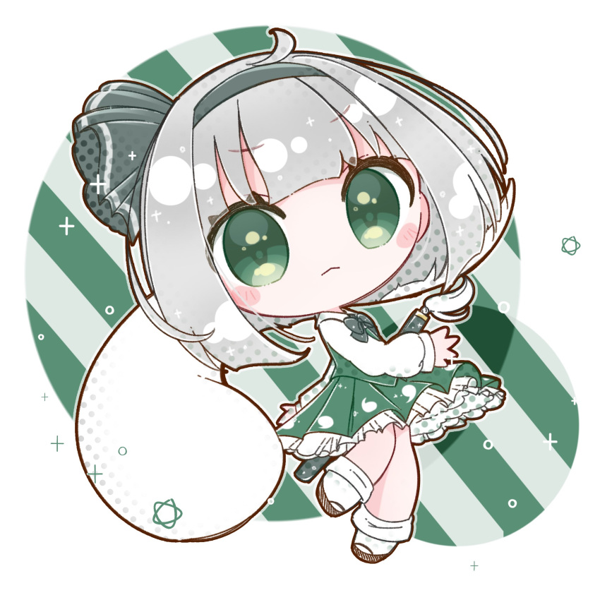 1girl :&lt; absurdres black_footwear black_hairband blush_stickers chibi ghost green_eyes green_skirt green_vest grey_hair hairband highres inukkomaru katana konpaku_youmu konpaku_youmu_(ghost) scabbard screentones sheath short_hair skirt skirt_set socks solo sword touhou vest wakizashi weapon white_background white_hair white_socks