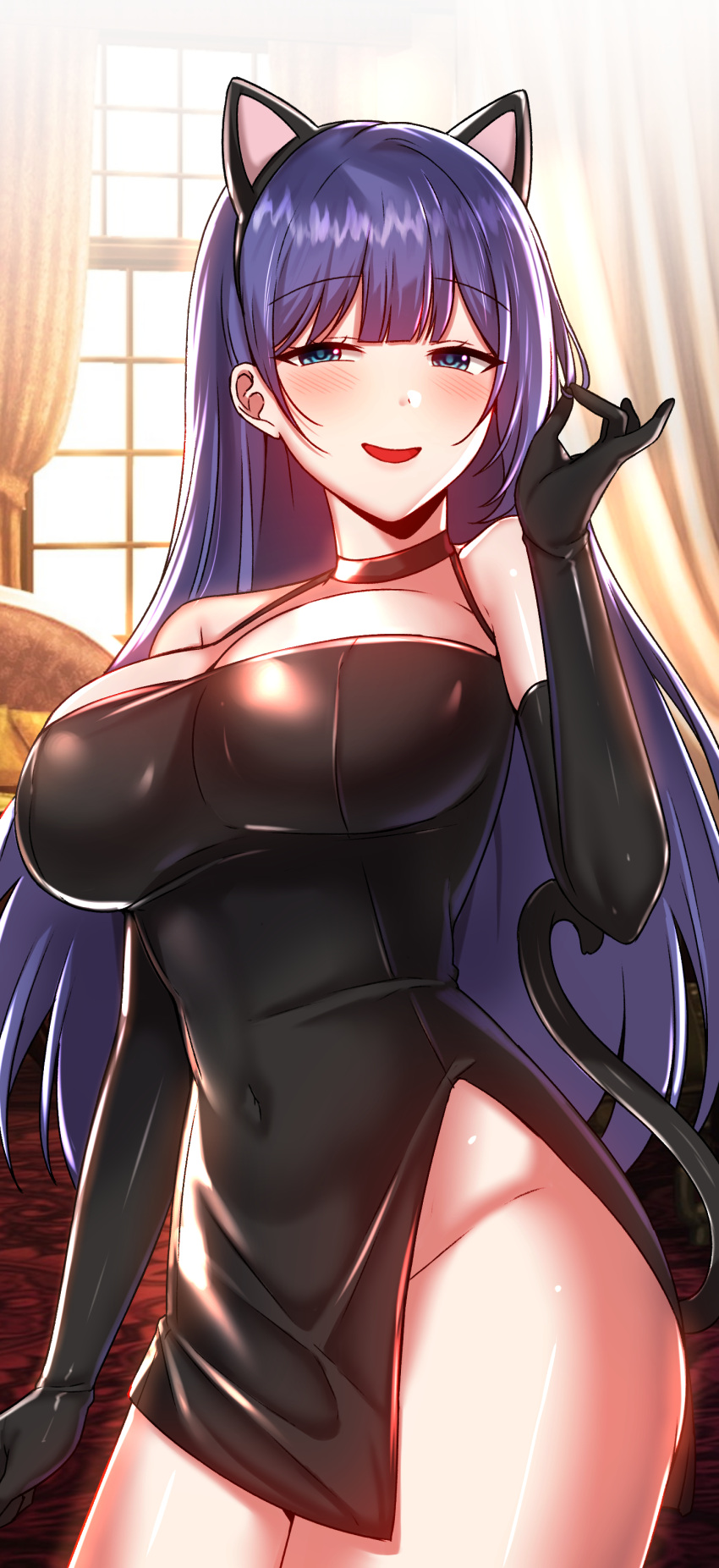 1girl absurdres animal_ears bare_shoulders black_choker black_dress black_gloves black_hairband blue_eyes breasts cat_ears cat_tail choker cleavage covered_navel cowboy_shot dress elbow_gloves fake_animal_ears gloves hairband hand_up highres large_breasts long_hair looking_at_viewer mal_poi no_panties open_mouth original purple_hair short_dress side_slit sleeveless sleeveless_dress smile solo spaghetti_strap squinting standing tail thighs