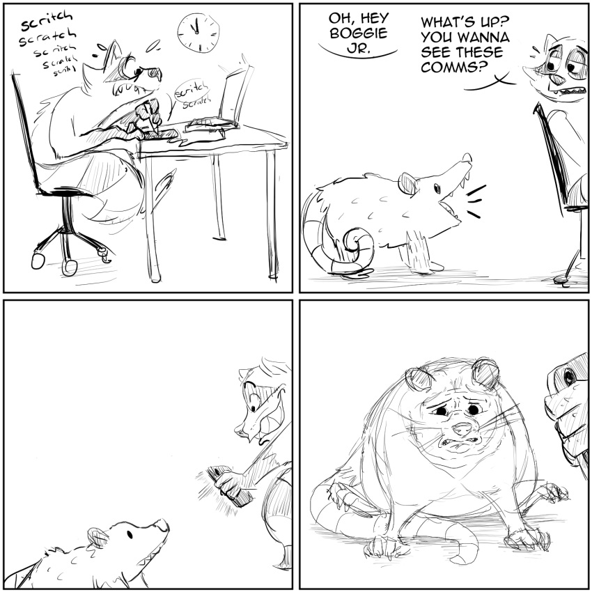 2024 american_opossum anthro biped comic computer dialogue dot_eyes drawing duo electronics english_text feral hi_res mammal marsupial procyonid raccoon readyadsen sitting smile text worried