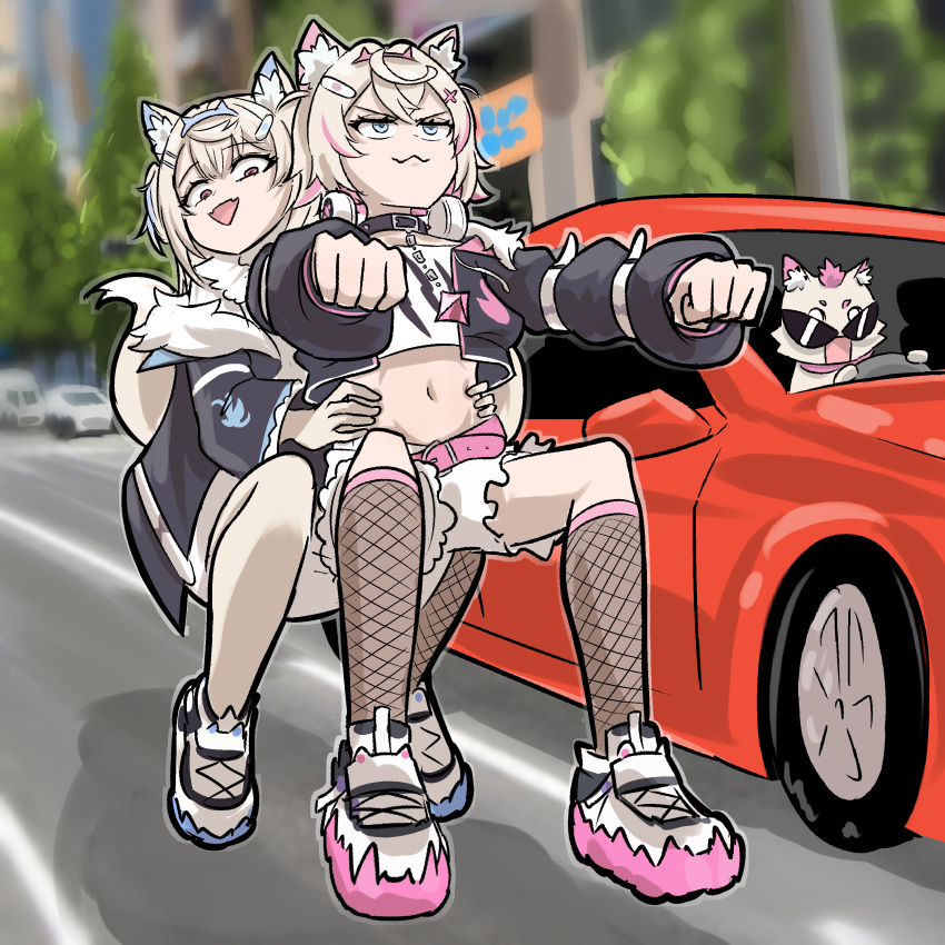 2girls :3 absurdres bandaid bandaid_hair_ornament belly_grab belt black_jacket blonde_hair blue_eyes blue_hair blue_hairband building car colored_shoe_soles commentary cropped_jacket cropped_shirt dog_tail dunkemz english_commentary fishnet_socks fishnets full_body fur-trimmed_jacket fur_collar fur_trim fuwawa_abyssgard fuwawa_abyssgard_(1st_costume) hair_ornament hairband hairpin headphones highres hololive hololive_english invisible_object invisible_vehicle jacket long_sleeves looking_at_another mococo_abyssgard mococo_abyssgard_(1st_costume) motor_vehicle multicolored_hair multiple_girls navel off_shoulder open_clothes open_jacket outdoors pendant_choker pink_belt pink_eyes pink_hair pink_hairband road ruffian_(fuwamoco) shirt shoes shorts siblings sisters sitting smug sneakers socks stomach streaked_hair tail tree triangle_mouth twins two-tone_hair v-shaped_eyebrows virtual_youtuber white_footwear white_shirt white_shorts x_hair_ornament