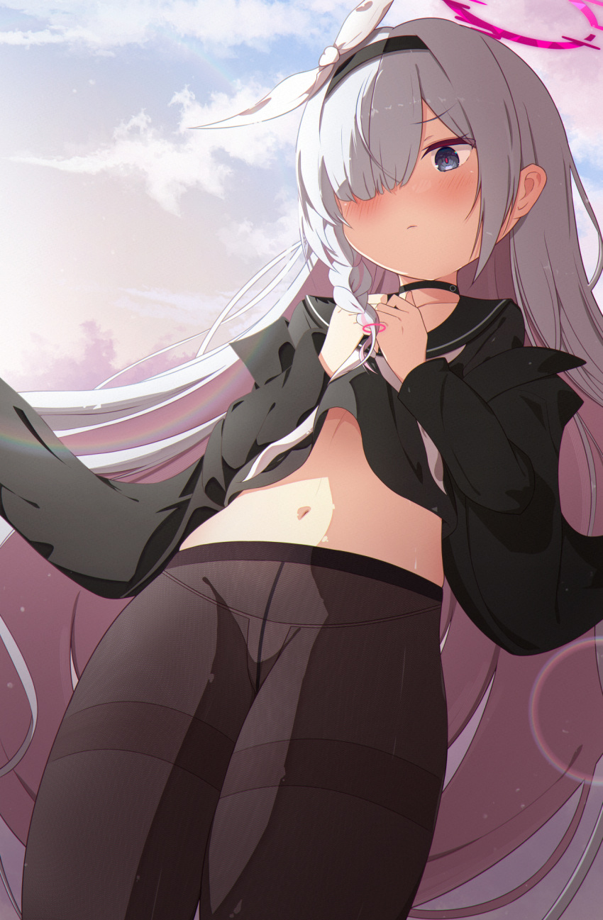 1girl black_choker black_coat black_eyes black_hairband black_pantyhose black_sailor_collar black_serafuku black_shirt blue_archive blush bow_hairband braid choker clothes_lift cloud cloudy_sky coat coat_lift colored_inner_hair commentary_request evening from_below hair_over_one_eye hairband halo highres kabomeel_lse light_particles long_hair multicolored_hair navel open_clothes open_coat pantyhose pink_hair pink_halo pink_pupils plana_(blue_archive) sailor_collar school_uniform serafuku shirt side_braid sky solo two-tone_hair white_hair