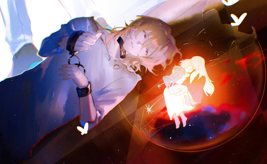 1boy 1girl aventurine_(honkai:_star_rail) blonde_hair cuffs hair_between_eyes handcuffs hapyunbday highres honkai:_star_rail honkai_(series) male_focus messy_hair multicolored_eyes restrained shirt short_hair solo_focus torn_clothes torn_shirt white_shirt