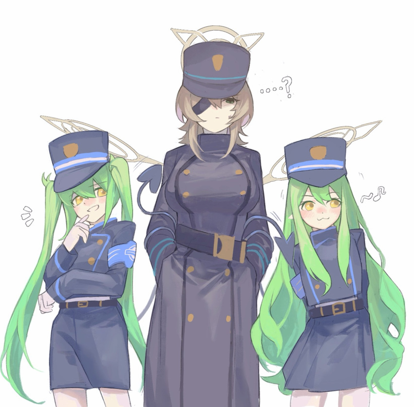 3girls :3 ? armband arms_behind_back bad_arm belt black_hat blue_archive blue_armband blue_shorts blush breasts brown_hair carnivalaki coat commentary_request contrapposto demon_tail eyepatch gloves green_eyes green_hair grin hair_between_eyes halo hat highres hikari_(blue_archive) large_breasts long_hair long_sleeves looking_at_viewer medium_hair multiple_girls musical_note nozomi_(blue_archive) peaked_cap pointy_ears shorts simple_background smile suou_(blue_archive) sweatdrop tail tail_wrap train_conductor trench_coat twintails uniform very_long_hair white_background white_gloves yellow_eyes