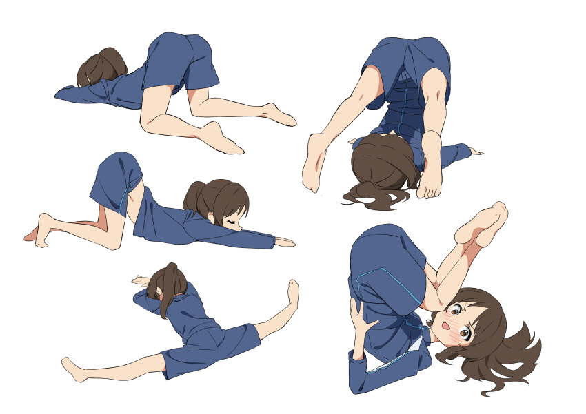 1girl absurdres bare_legs barefoot blue_jacket blue_pants blush brown_eyes brown_hair commentary_request embarrassed full_body hands_on_own_hips highres idolmaster idolmaster_cinderella_girls idolmaster_cinderella_girls_u149 jacket kneepits legs_up long_hair long_sleeves looking_at_viewer midriff multiple_views nose_blush open_mouth pants papiyon1297 plantar_flexion shoulderstand simple_background soles split stretching tachibana_arisu top-down_bottom-up track_jacket track_pants v-shaped_eyebrows white_background