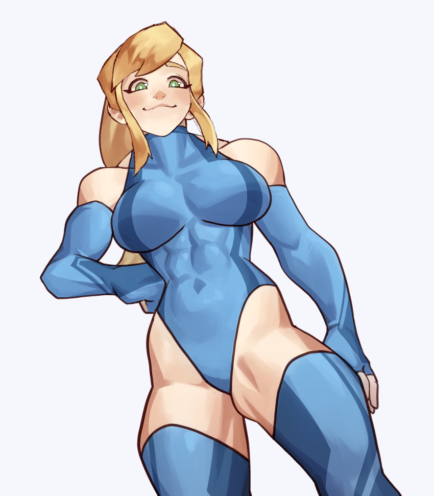 1girl abs absurdres blonde_hair blue_bodysuit bodysuit encariah1 green_eyes hand_on_own_hip highres leotard long_hair looking_down metroid muscular muscular_female samus_aran smile solo thick_thighs thighhighs thighs toned turtleneck white_background