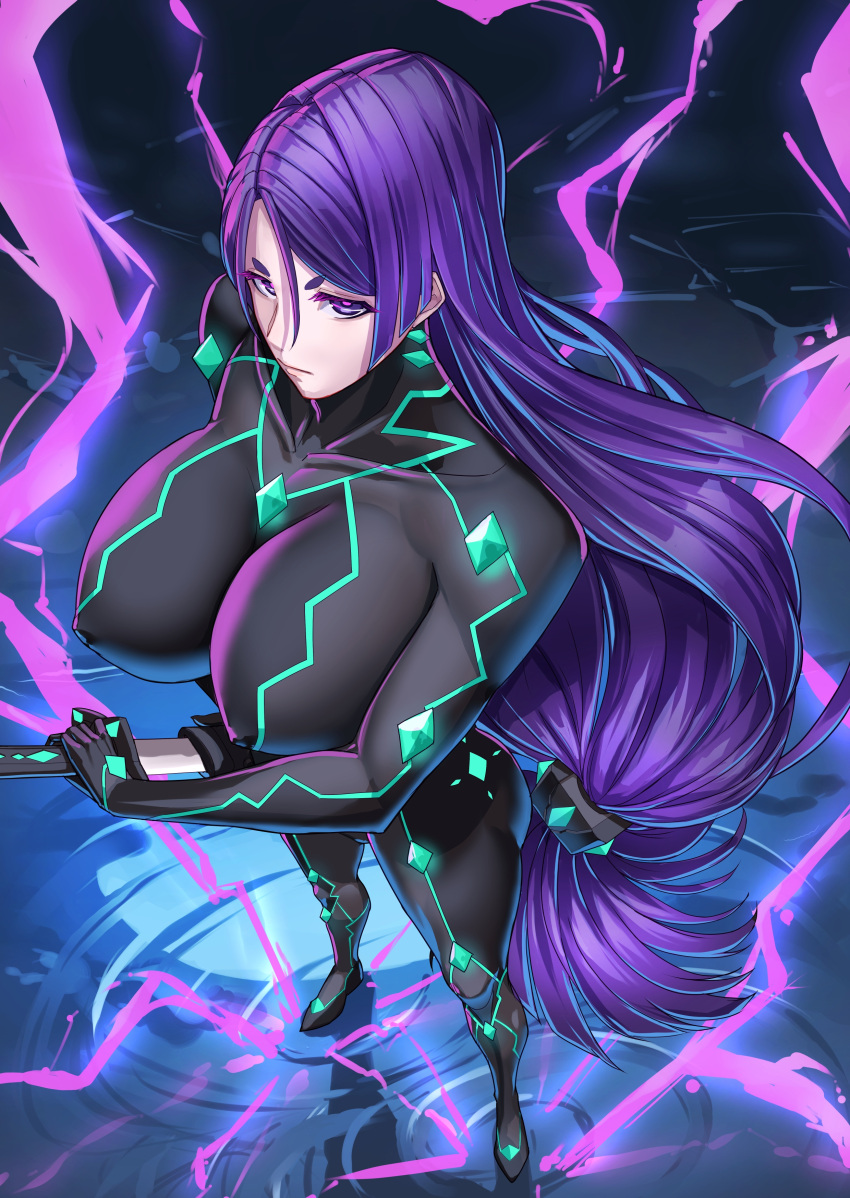 1girl absurdres black_bodysuit bodysuit breasts commission cosplay covered_nipples electricity fate/grand_order fate/samurai_remnant fate_(series) highres katana large_breasts long_hair looking_at_viewer massive_kagawa minamoto_no_raikou_(fate) neon_trim parted_bangs pixiv_commission purple_eyes purple_hair solo sword tagme thighs ushi_gozen_(fate) ushi_gozen_(fate)_(cosplay) very_long_hair weapon