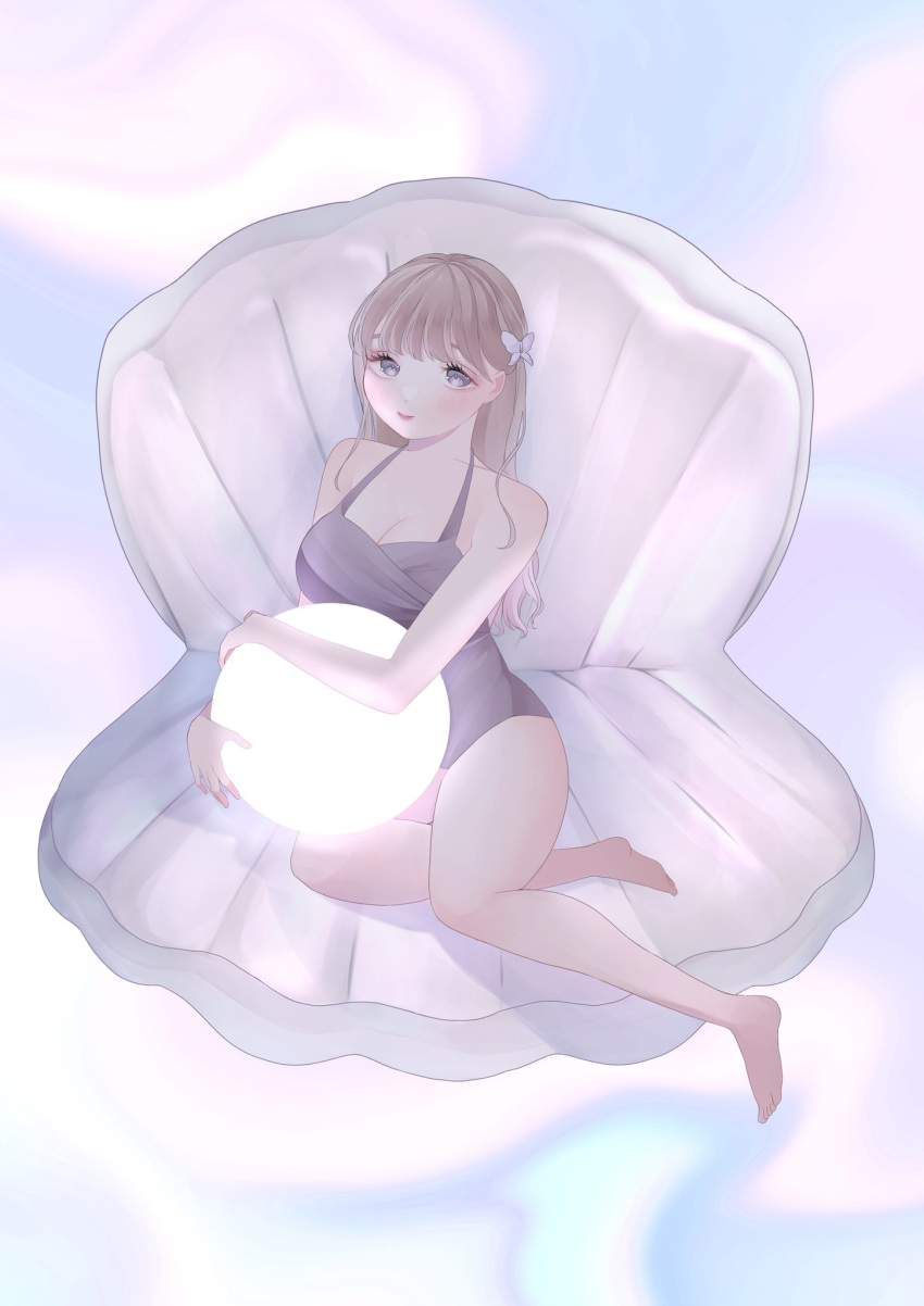 1girl barefoot blush breasts brown_hair butterfly_hair_ornament clam_shell cleavage full_body grey_eyes hair_ornament highres holding_orb hugupero looking_at_viewer medium_breasts orb original simple_background solo swimsuit
