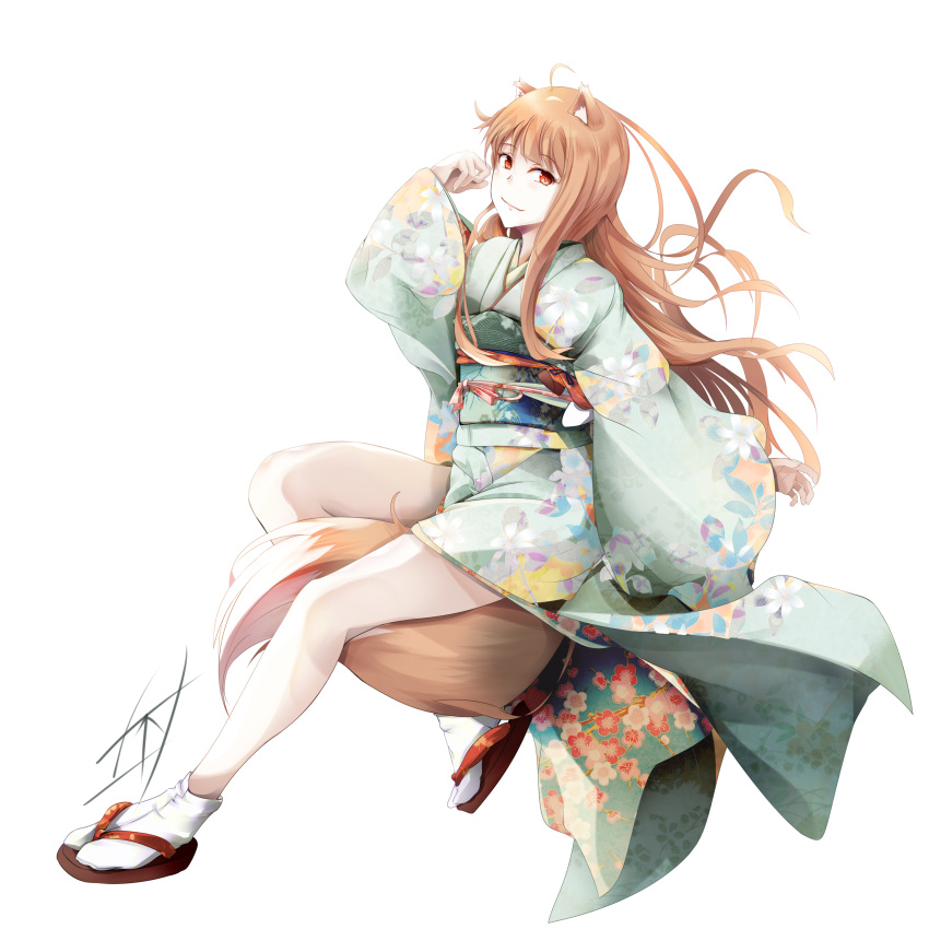 1girl absurdres alternate_costume animal_ears bare_legs brown_hair closed_mouth commentary_request commission floating_hair floral_print fudo_shin full_body green_kimono green_sash hand_up highres holo invisible_chair japanese_clothes kimono legs long_hair long_sleeves looking_at_viewer obi pixiv_commission print_kimono red_eyes sandals sash signature simple_background sitting socks solo spice_and_wolf tabi tail thighs very_long_hair white_background white_socks wide_sleeves wolf_ears wolf_girl wolf_tail zouri