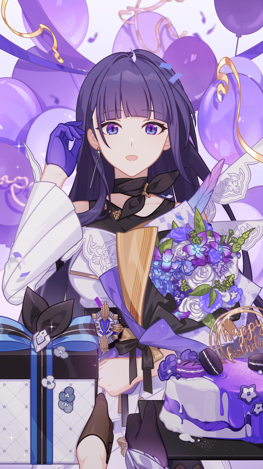 3girls absurdres balloon birthday birthday_cake birthday_party box bronya_zaychik bronya_zaychik_(silverwing:_n-ex) cake earrings flower food gift gift_box gloves happy_birthday highres honkai_(series) honkai_impact_3rd jewelry kiana_kaslana kiana_kaslana_(herrscher_of_finality) long_hair multicolored_eyes multiple_girls official_art purple_eyes purple_gloves purple_hair raiden_mei raiden_mei_(apho) single_earring single_glove