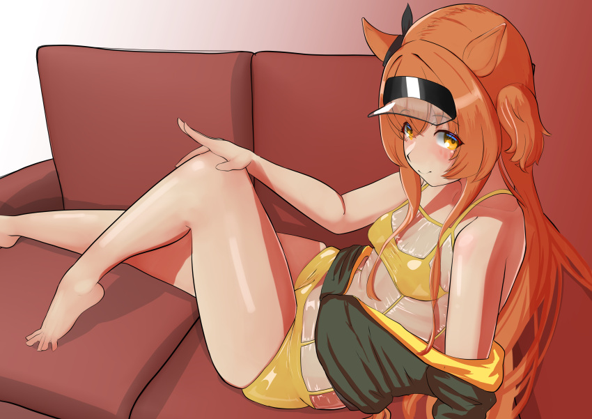 1girl absurdres alternate_costume animal_ears barefoot bikini blush breasts cleavage closed_mouth commentary_request couch gradient_background green_jacket hand_on_own_knee highres horse_ears horse_girl horse_tail jacket jacket_partially_removed mayano_top_gun_(umamusume) on_couch orange_hair small_breasts smile solo swimsuit tail tatsu_san toes two_side_up umamusume visor_cap yellow_bikini