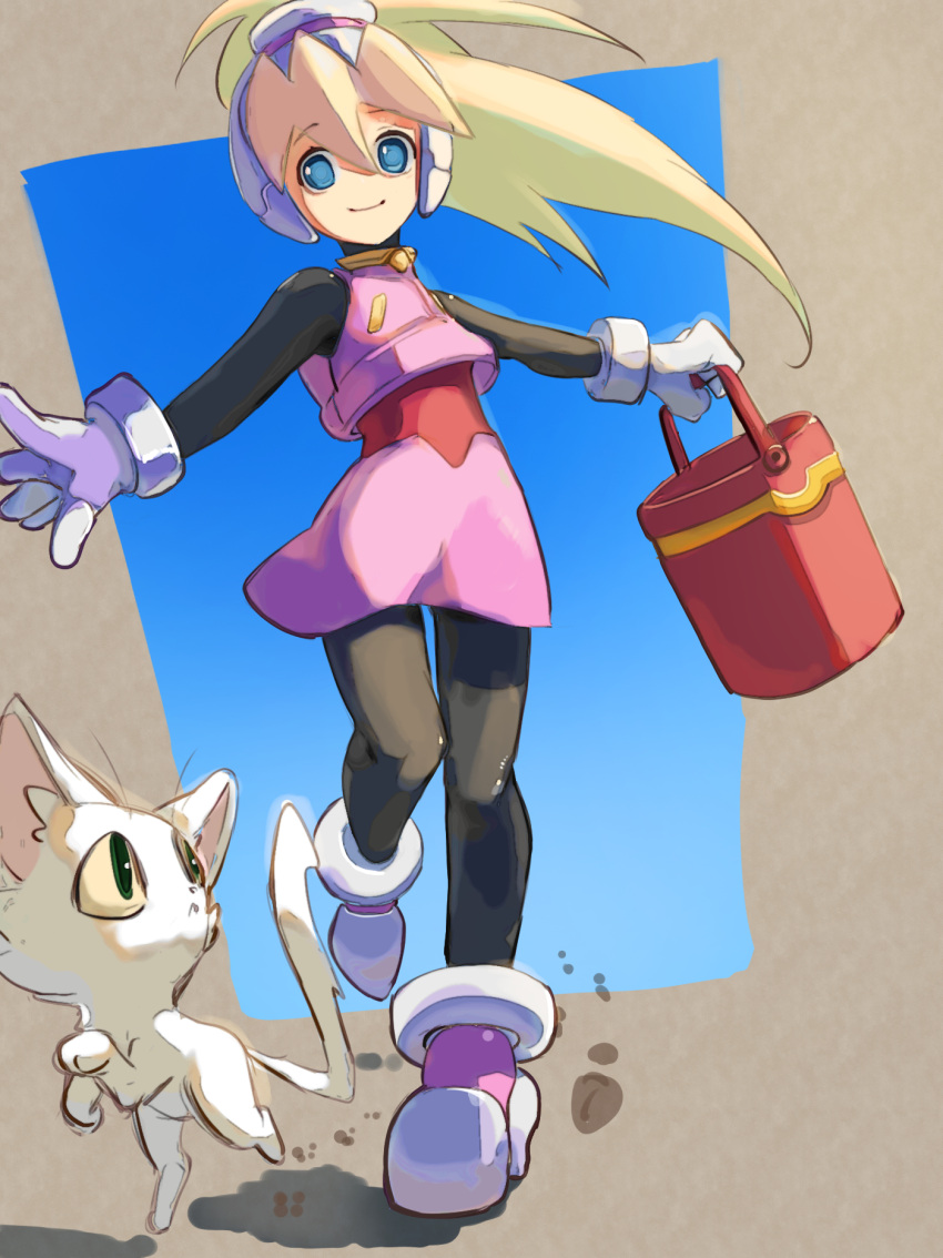 1girl basket black_bodysuit blonde_hair blue_eyes bodysuit bodysuit_under_clothes cat ciel_(mega_man) high-waist_skirt high_ponytail highres holding holding_basket long_hair mega_man_(series) mega_man_zero_(series) omochi_(mochi_skymega) outstretched_arms pink_helmet pink_skirt skirt